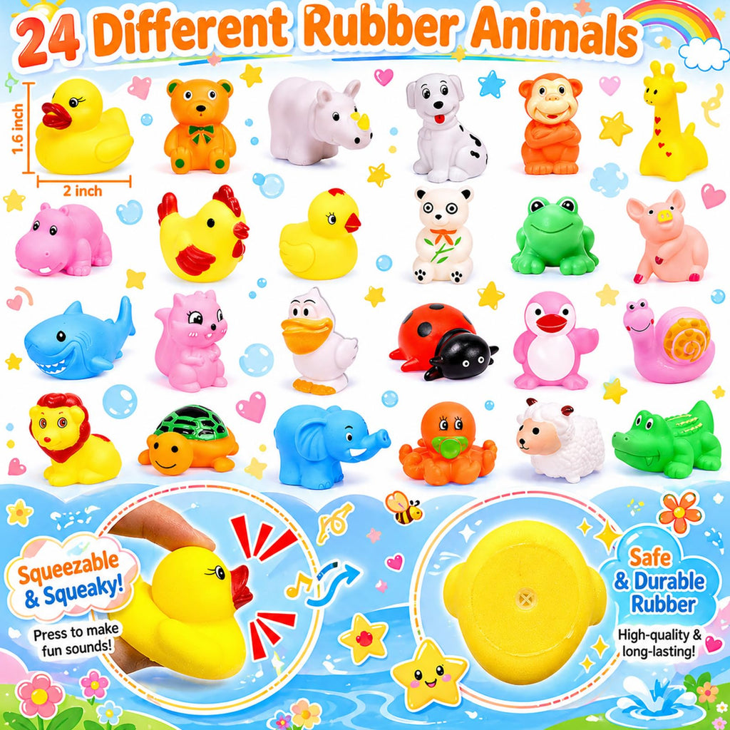 AMENON 24 Pack Animal Squeeze Squishy Toys - Funny Rubber Ducks Bulk Set for Bath, Party Favors, Classroom Prizes, Stress Relief Sensory Toys for Toddlers Kids