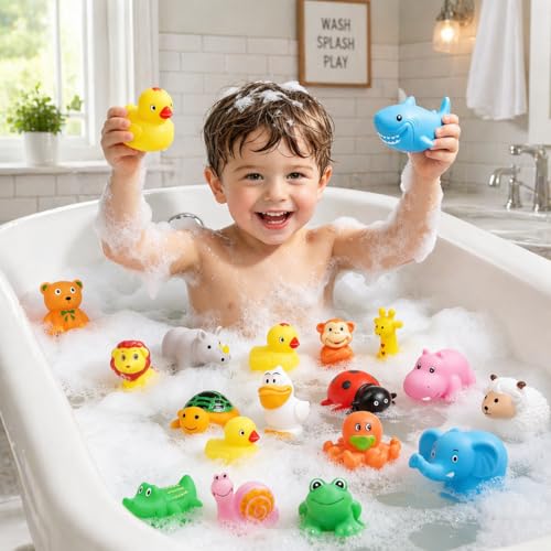 AMENON 24 Pack Animal Squeeze Squishy Toys - Funny Rubber Ducks Bulk Set for Bath, Party Favors, Classroom Prizes, Stress Relief Sensory Toys for Toddlers Kids
