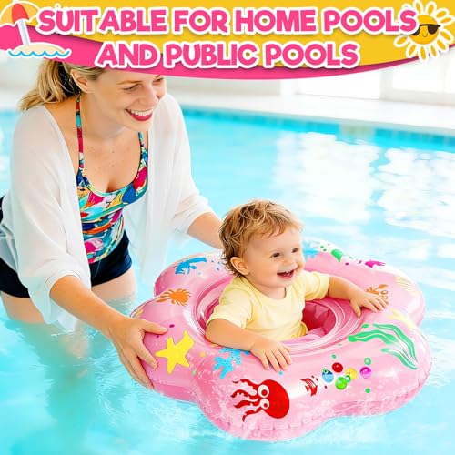 AMENON 25.6" Inflatable Baby Pool Float for 6-36 Months - Double Air Chamber, Anti-Flip Toddler Swim Trainer with Ocean Theme