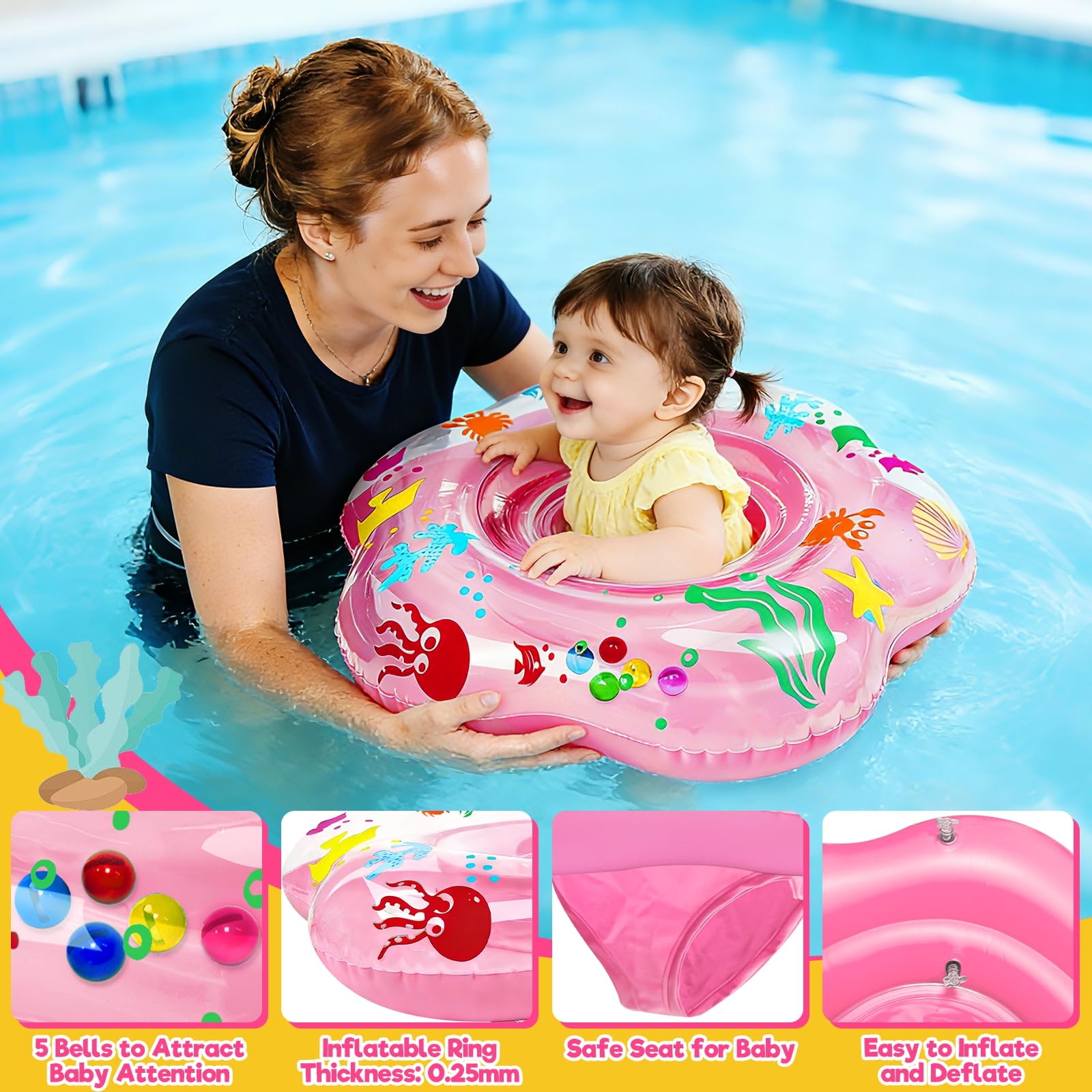 AMENON 25.6" Inflatable Baby Pool Float for 6-36 Months - Double Air Chamber, Anti-Flip Toddler Swim Trainer with Ocean Theme