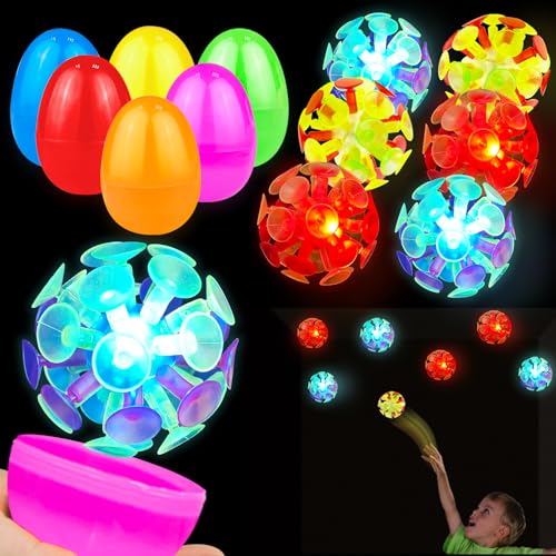 AMENON 6 Pack Jumbo Filled Easter Eggs with LED Suction Cup Balls - Light Up Surprise Toys for Egg Hunt, Party Favors, Stress Relief