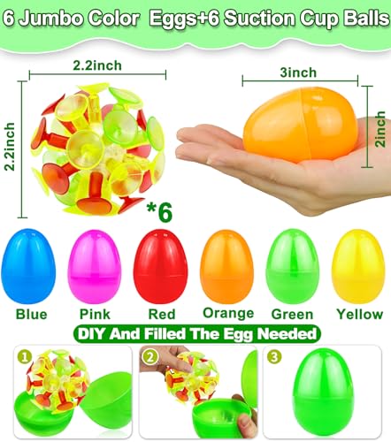 AMENON 6 Pack Jumbo Filled Easter Eggs with LED Suction Cup Balls - Light Up Surprise Toys for Egg Hunt, Party Favors, Stress Relief