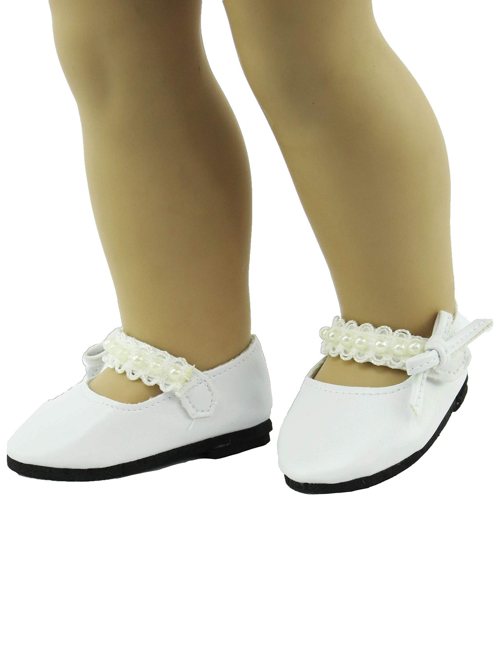 American Fashion World Black and White Pearl Flats for 18-Inch Dolls – 2 Pack Handmade Doll Shoes with Velcro Closure