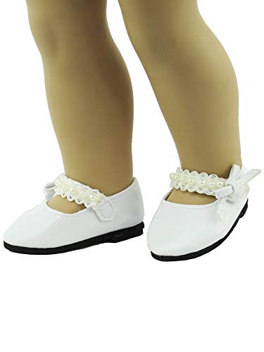 American Fashion World Black and White Pearl Flats for 18-Inch Dolls – 2 Pack Handmade Doll Shoes with Velcro Closure
