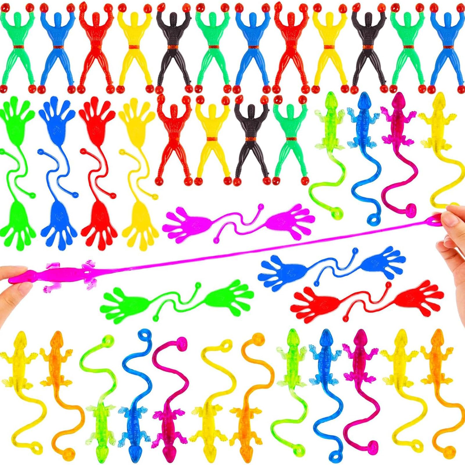 AMOR PRESENT 48-Piece Stretchy Sticky Toy Party Favors – Bulk Set with Sticky Hands, Wall Crawlers & Lizards