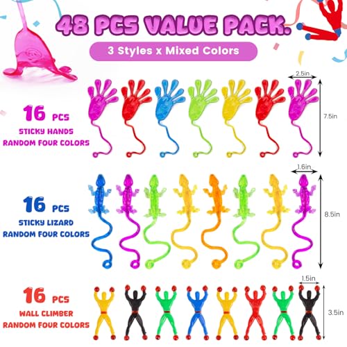 AMOR PRESENT 48-Piece Stretchy Sticky Toy Party Favors – Bulk Set with Sticky Hands, Wall Crawlers & Lizards