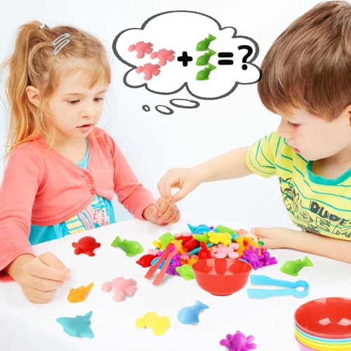 AMOR PRESENT 64-Piece Ocean Animal Counting & Sorting Toy Set for Toddlers - Montessori Math Game with 56 Animals, 6 Bowls & 2 Tweezers