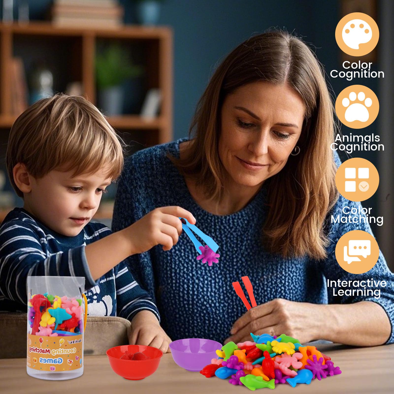 AMOR PRESENT 64-Piece Ocean Animal Counting & Sorting Toy Set for Toddlers - Montessori Math Game with 56 Animals, 6 Bowls & 2 Tweezers