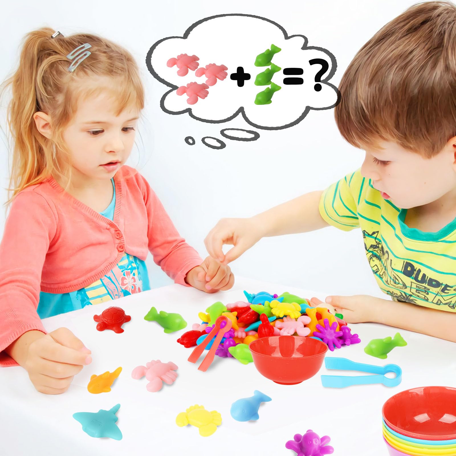 AMOR PRESENT 64-Piece Ocean Animal Counting & Sorting Toy Set for Toddlers - Montessori Math Game with 56 Animals, 6 Bowls & 2 Tweezers