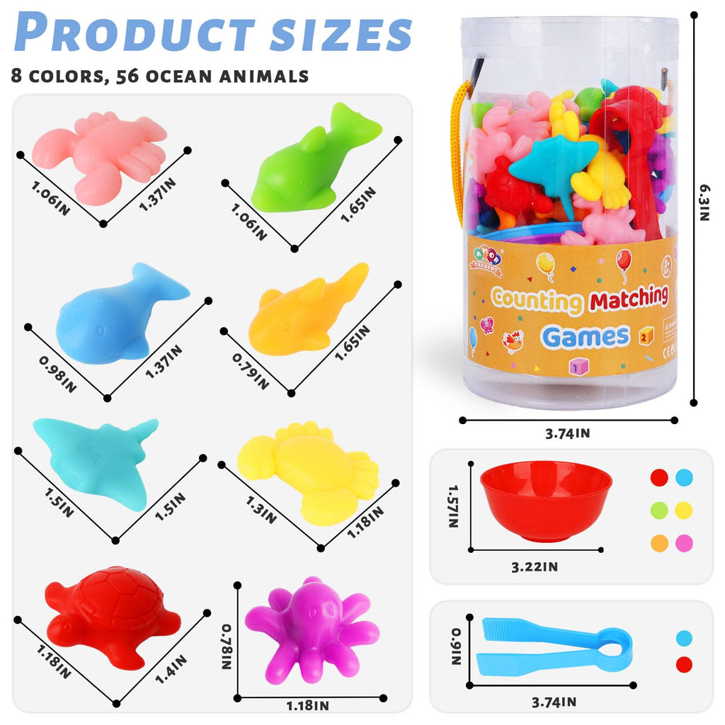AMOR PRESENT 64-Piece Ocean Animal Counting & Sorting Toy Set for Toddlers - Montessori Math Game with 56 Animals, 6 Bowls & 2 Tweezers