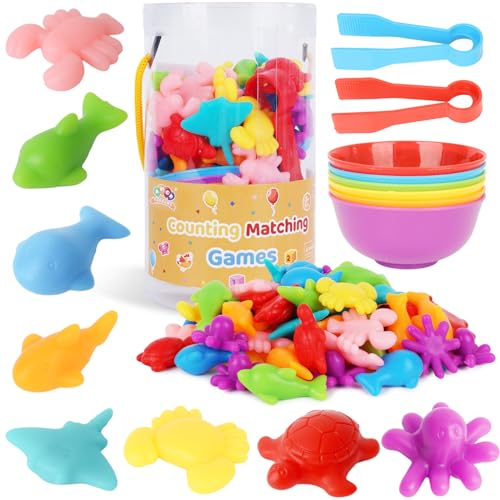 AMOR PRESENT 64-Piece Ocean Animal Counting & Sorting Toy Set for Toddlers - Montessori Math Game with 56 Animals, 6 Bowls & 2 Tweezers