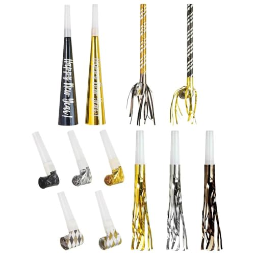 Amscan 50-Pack Black Gold Silver Party Horns & Blowouts Set for New Year's, Graduation, Birthdays
