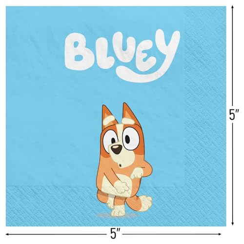 Amscan Bluey Blue Beverage Napkins - 5 x 5 Inch, 16 Count, 1-Ply Paper Party Napkins