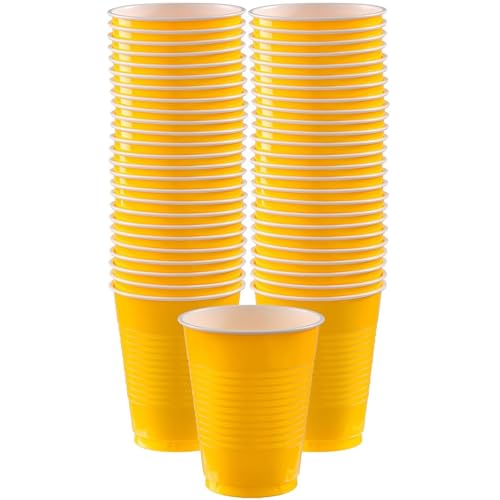 Amscan Bright Yellow Plastic 16 oz Cups (50 Pack) – Heavy Duty Double Stack Party Cups