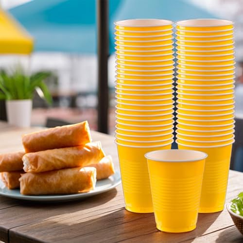 Amscan Bright Yellow Plastic 16 oz Cups (50 Pack) – Heavy Duty Double Stack Party Cups