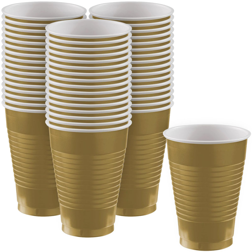 Amscan Premium Gold Plastic Cups (12 oz) – 50 Pack, Heavy-Duty & Reusable for Parties