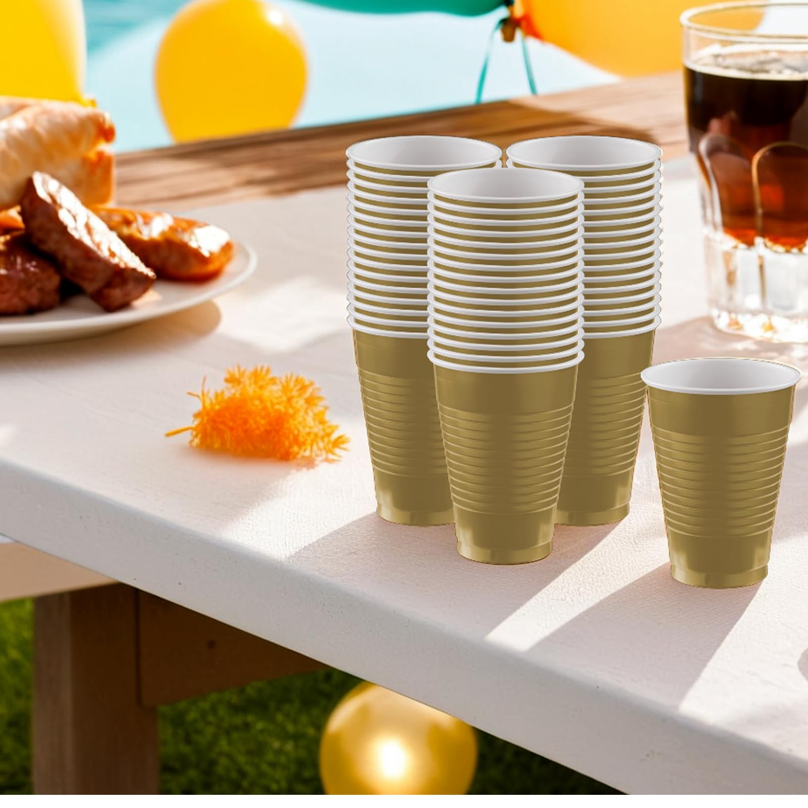 Amscan Premium Gold Plastic Cups (12 oz) – 50 Pack, Heavy-Duty & Reusable for Parties