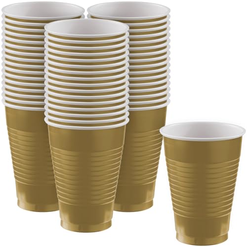 Amscan Premium Gold Plastic Cups (12 oz) – 50 Pack, Heavy-Duty & Reusable for Parties