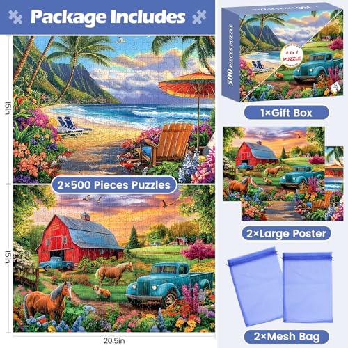 Amusding 2-Pack 500-Piece Jigsaw Puzzles - US Countryside Farm & Cottage Scenes, 20.5 x 15 Inches