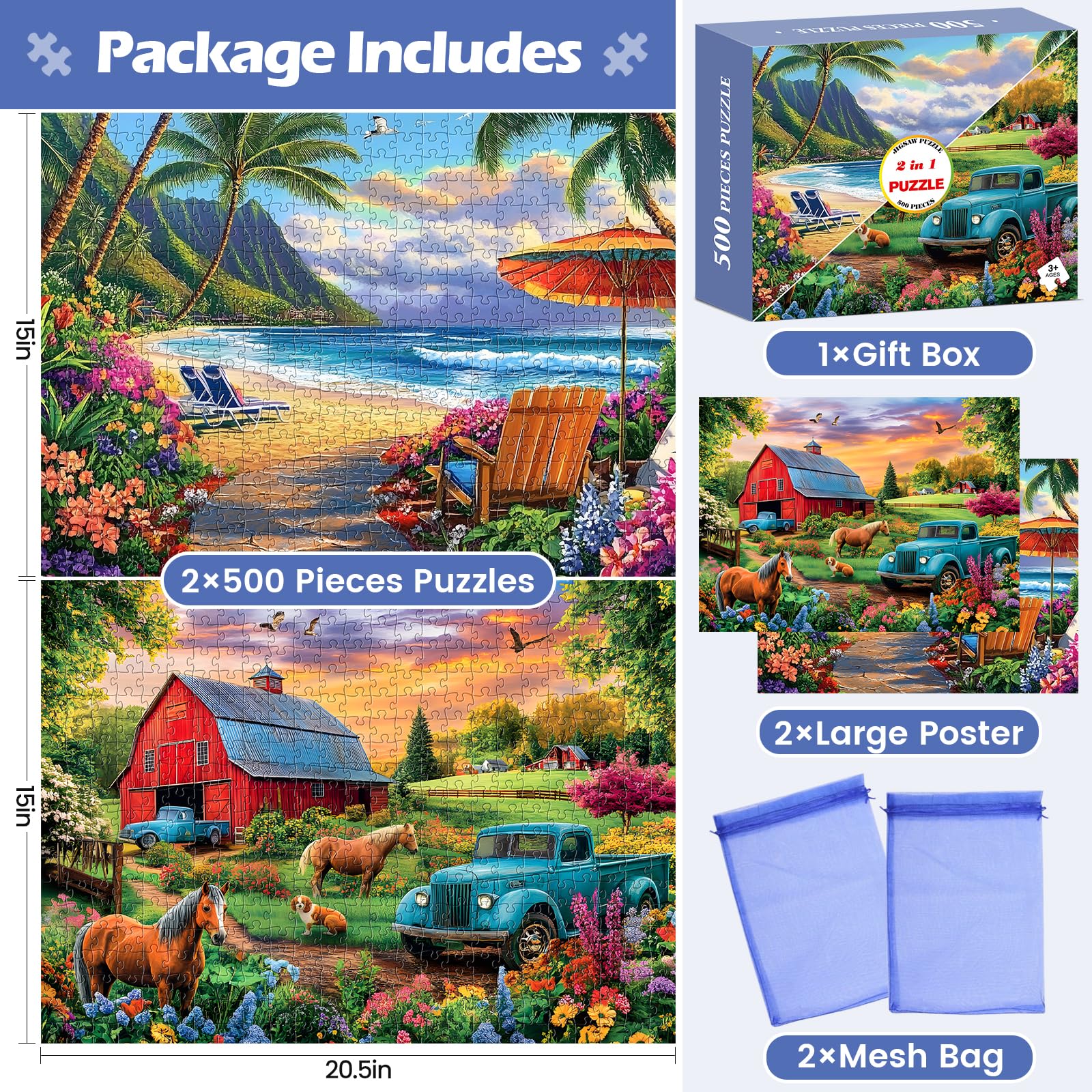 Amusding 2-Pack 500-Piece Jigsaw Puzzles - US Countryside Farm & Cottage Scenes, 20.5 x 15 Inches