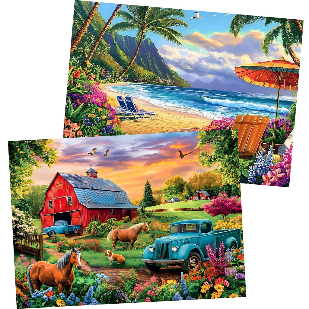 Amusding 2-Pack 500-Piece Jigsaw Puzzles for Adults – Farm & Beach Scenes, No Dust, 20.5 x 15 Inches