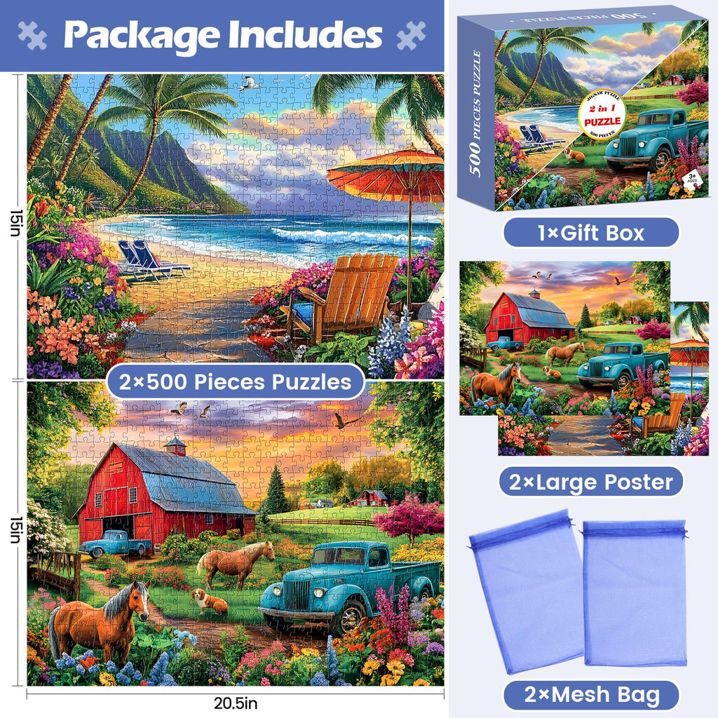 Amusding 2-Pack 500-Piece Jigsaw Puzzles for Adults – Farm & Beach Scenes, No Dust, 20.5 x 15 Inches