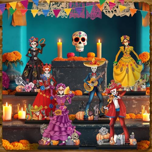 Amyhill 8-Piece Day of the Dead Wooden Skull Centerpieces - Dia de los Muertos Table Decorations with Stands, 15 cm Tall