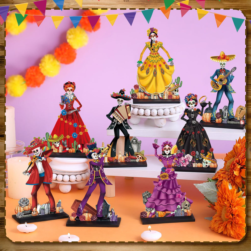 Amyhill 8-Piece Day of the Dead Wooden Skull Centerpieces - Dia de los Muertos Table Decorations with Stands, 15 cm Tall