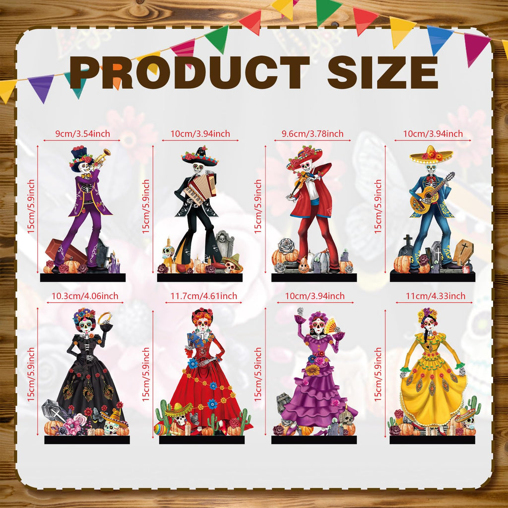 Amyhill 8-Piece Day of the Dead Wooden Skull Centerpieces - Dia de los Muertos Table Decorations with Stands, 15 cm Tall