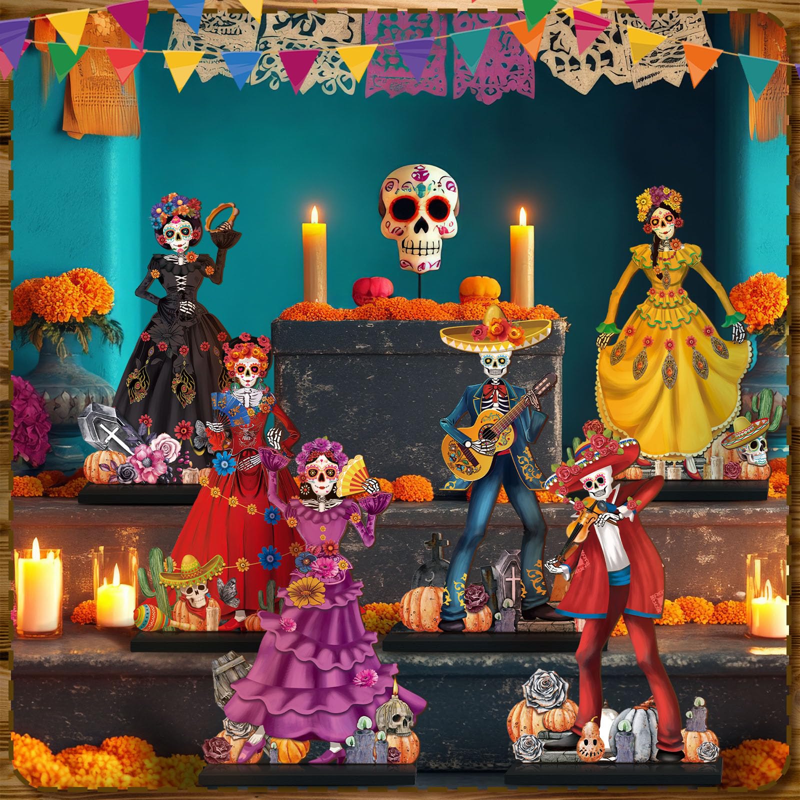 Amyhill 8-Piece Day of the Dead Wooden Skull Centerpieces - Dia de los Muertos Table Decorations with Stands, 15 cm Tall