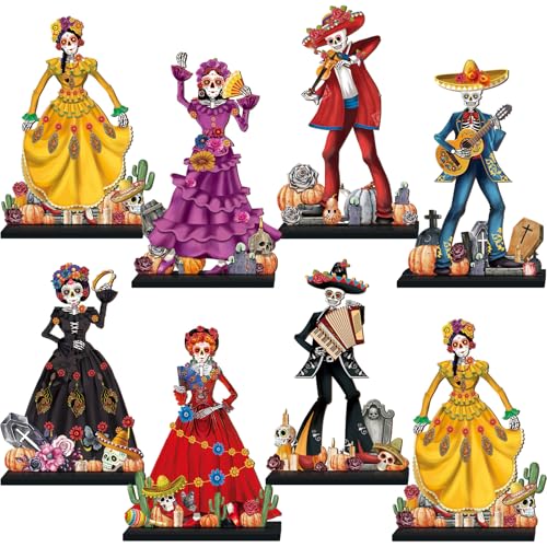 Amyhill 8-Piece Day of the Dead Wooden Skull Centerpieces - Dia de los Muertos Table Decorations with Stands, 15 cm Tall