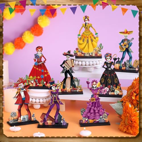 Amyhill 8-Piece Day of the Dead Wooden Skull Centerpieces - Dia de los Muertos Table Decorations with Stands, 15 cm Tall