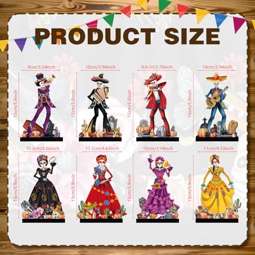 Amyhill 8-Piece Day of the Dead Wooden Skull Centerpieces - Dia de los Muertos Table Decorations with Stands, 15 cm Tall