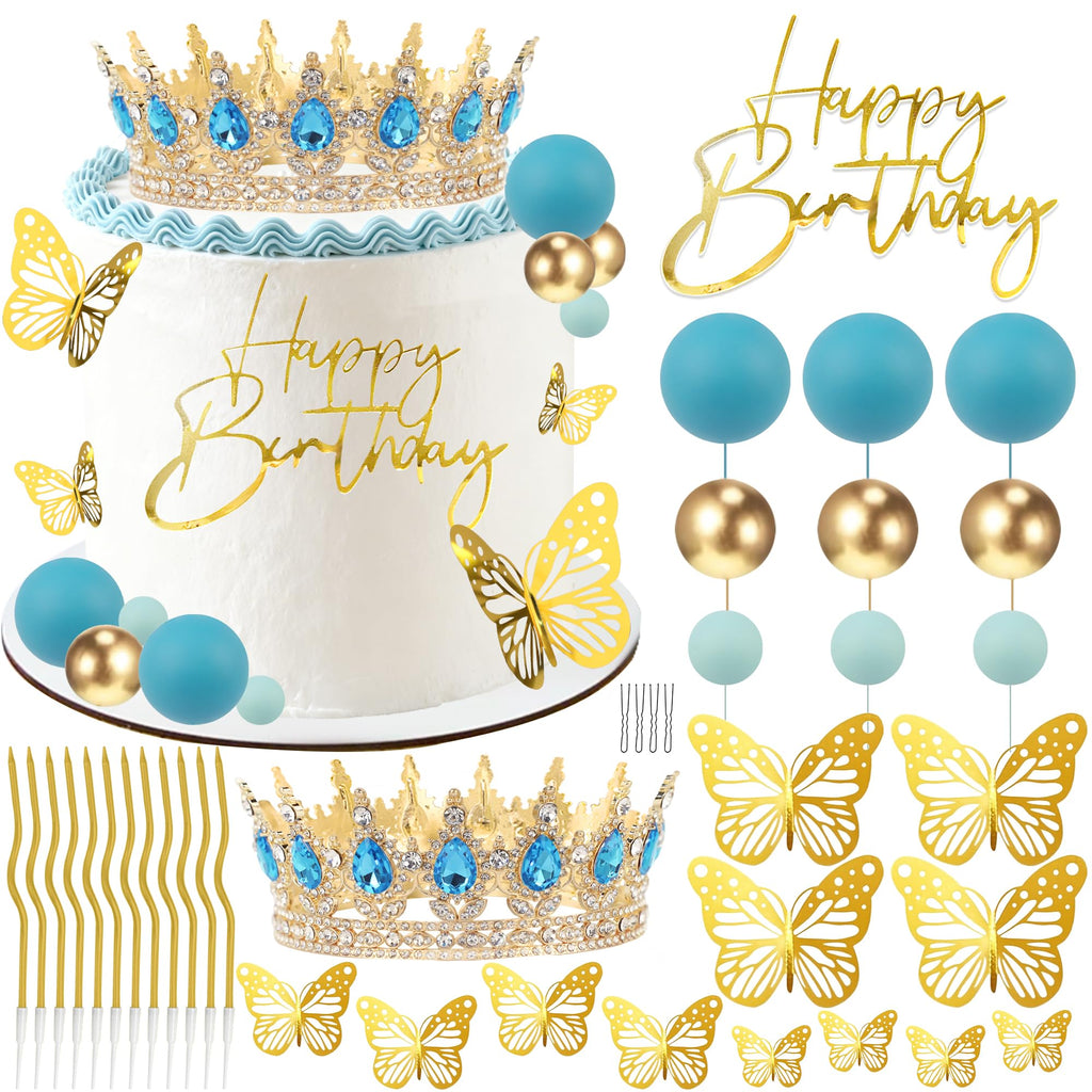 AMZVALU Blue & Gold Crown Cake Topper Set with Butterflies, Candles, and Happy Birthday Sign