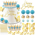AMZVALU Blue & Gold Crown Cake Topper Set with Butterflies, Candles, and Happy Birthday Sign