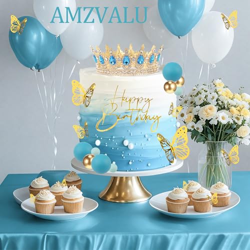 AMZVALU Blue & Gold Crown Cake Topper Set with Butterflies, Candles, and Happy Birthday Sign