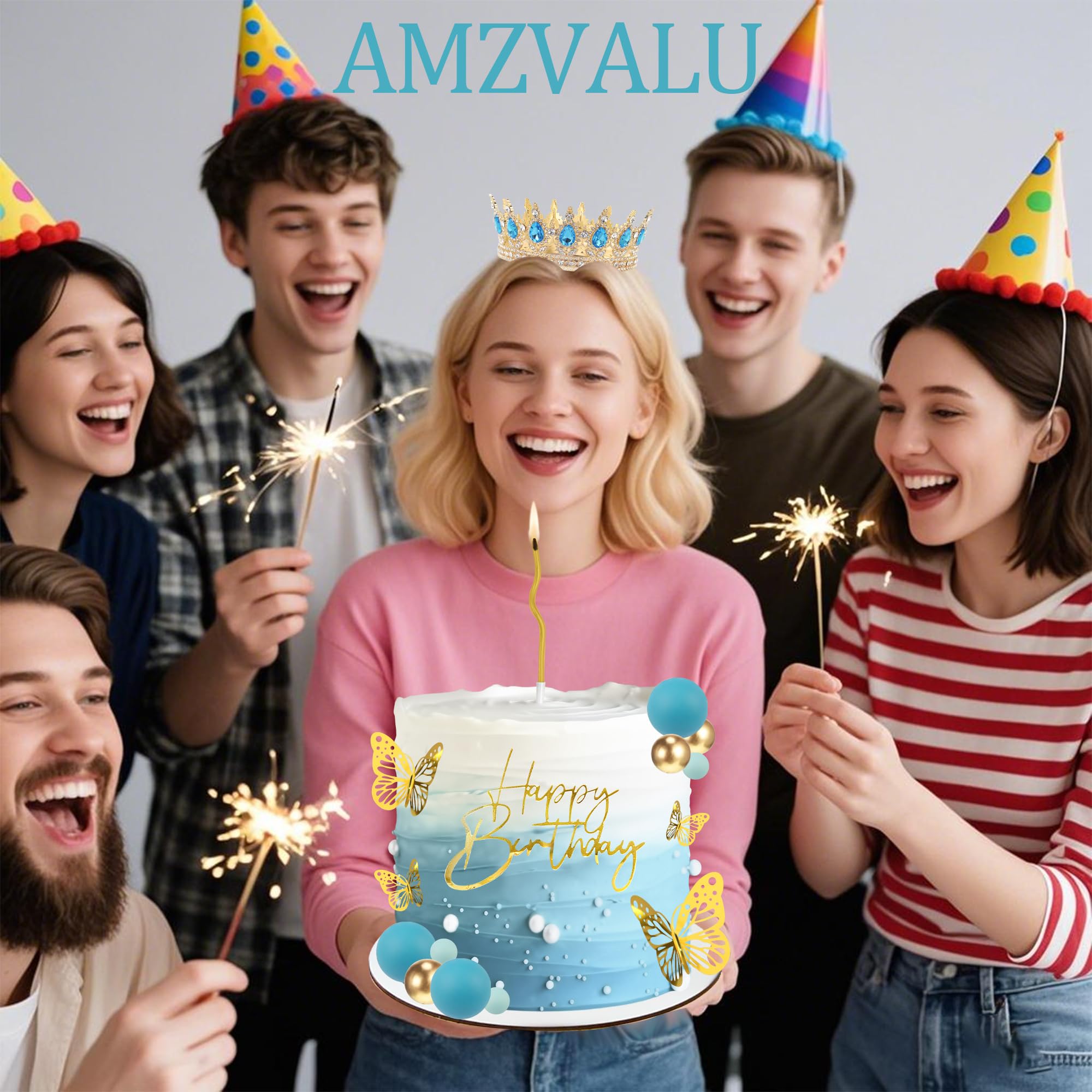 AMZVALU Blue & Gold Crown Cake Topper Set with Butterflies, Candles, and Happy Birthday Sign