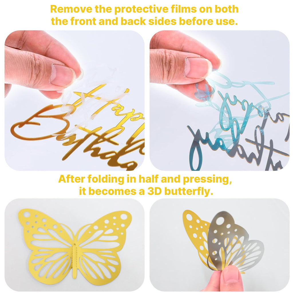 AMZVALU Blue & Gold Crown Cake Topper Set with Butterflies, Candles, and Happy Birthday Sign