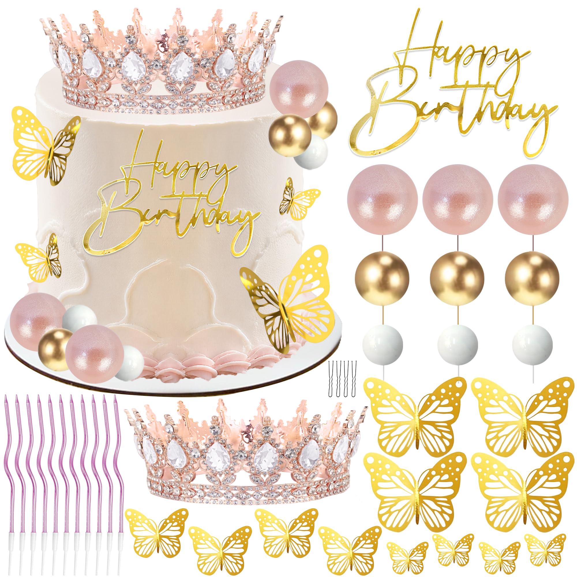 AMZVALU Crown Cake Topper Set – Rose Gold Crown, Gold Butterflies, Candles, and Happy Birthday Topper