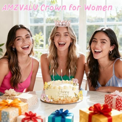 AMZVALU Crown Cake Topper Set – Rose Gold Crown, Gold Butterflies, Candles, and Happy Birthday Topper