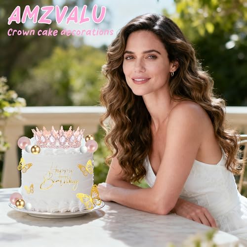 AMZVALU Crown Cake Topper Set – Rose Gold Crown, Gold Butterflies, Candles, and Happy Birthday Topper