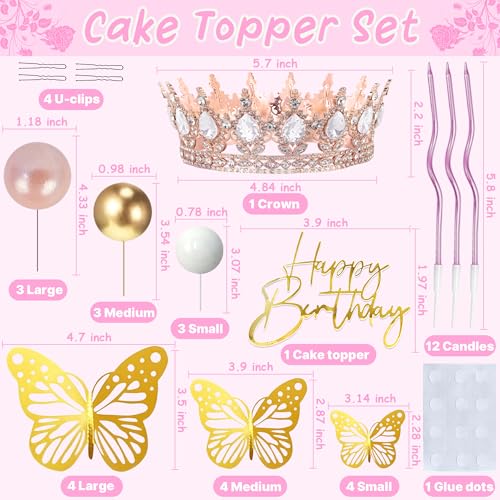 AMZVALU Crown Cake Topper Set – Rose Gold Crown, Gold Butterflies, Candles, and Happy Birthday Topper