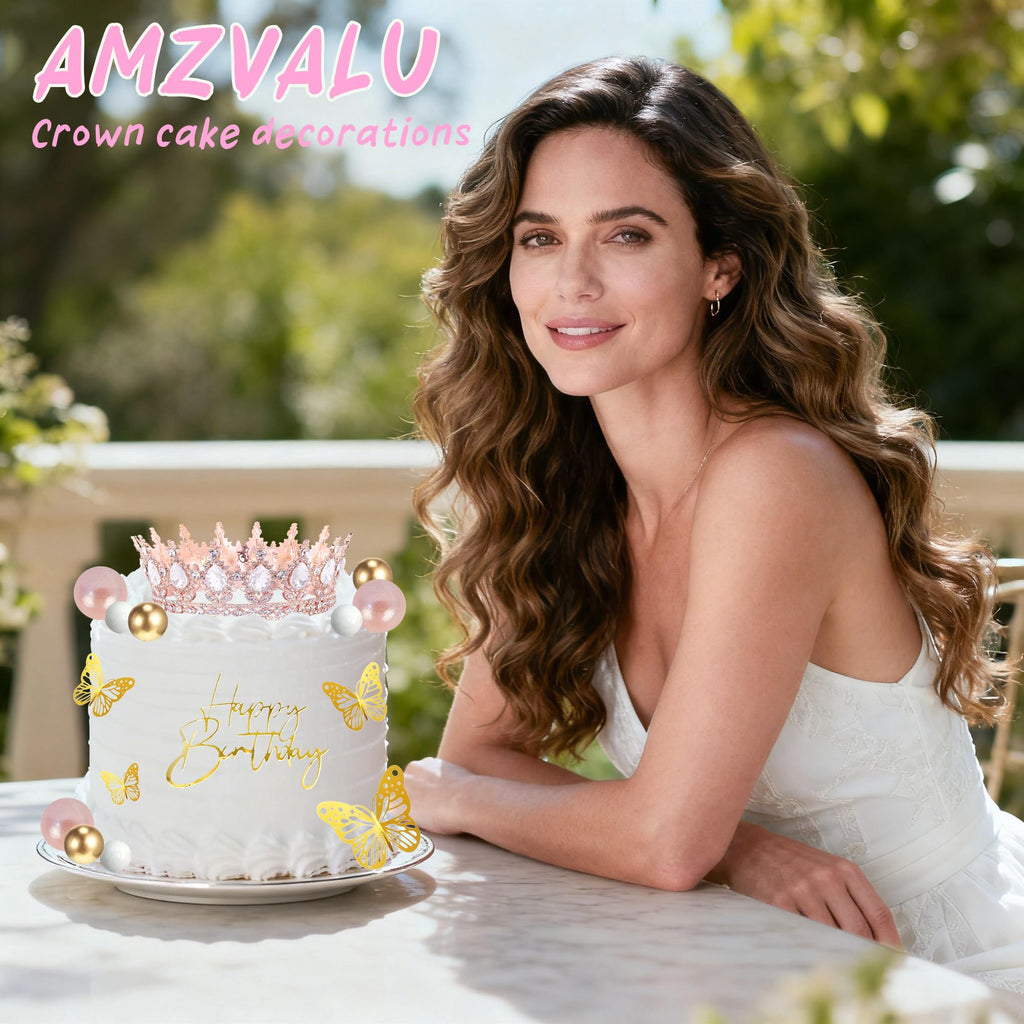 AMZVALU Crown Cake Topper Set – Rose Gold Crown, Gold Butterflies, Candles, and Happy Birthday Topper