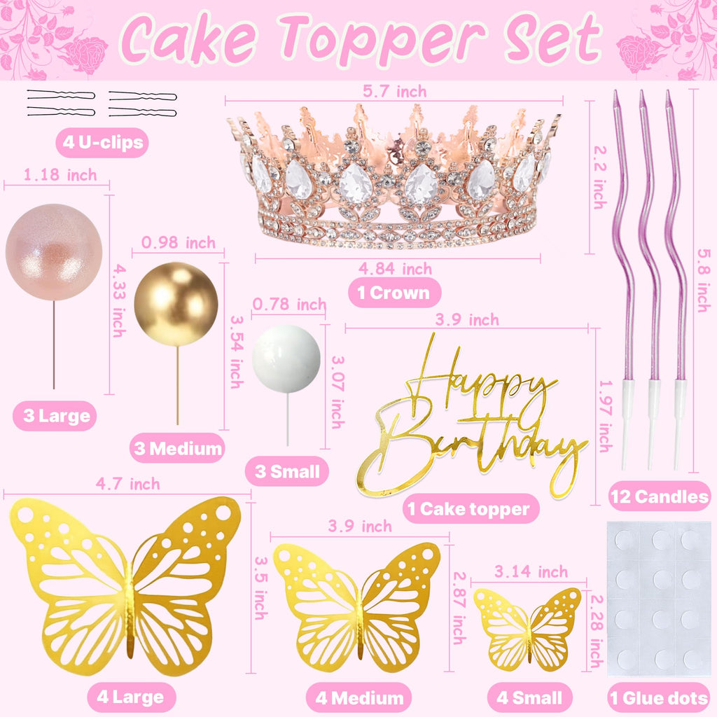 AMZVALU Crown Cake Topper Set – Rose Gold Crown, Gold Butterflies, Candles, and Happy Birthday Topper