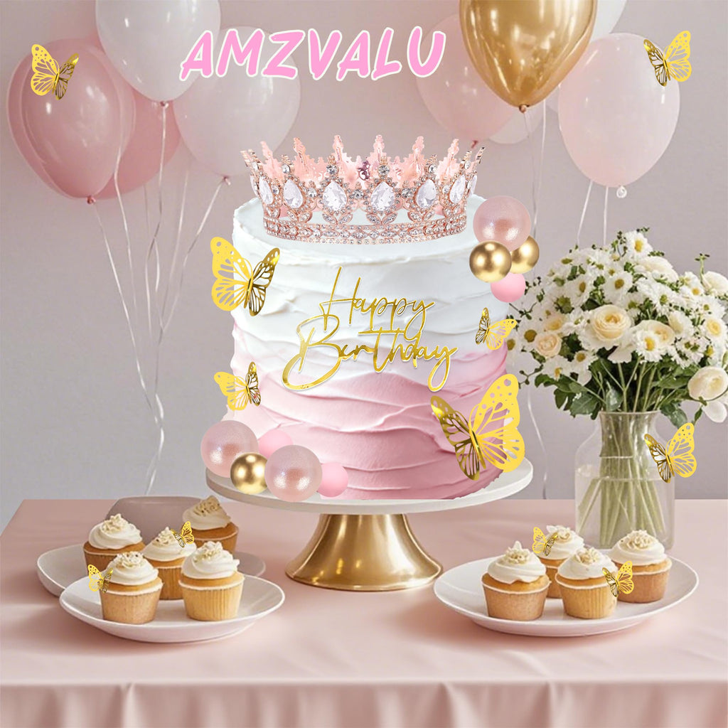 AMZVALU Crown Cake Topper Set – Rose Gold Crown, Gold Butterflies, Candles, and Happy Birthday Topper