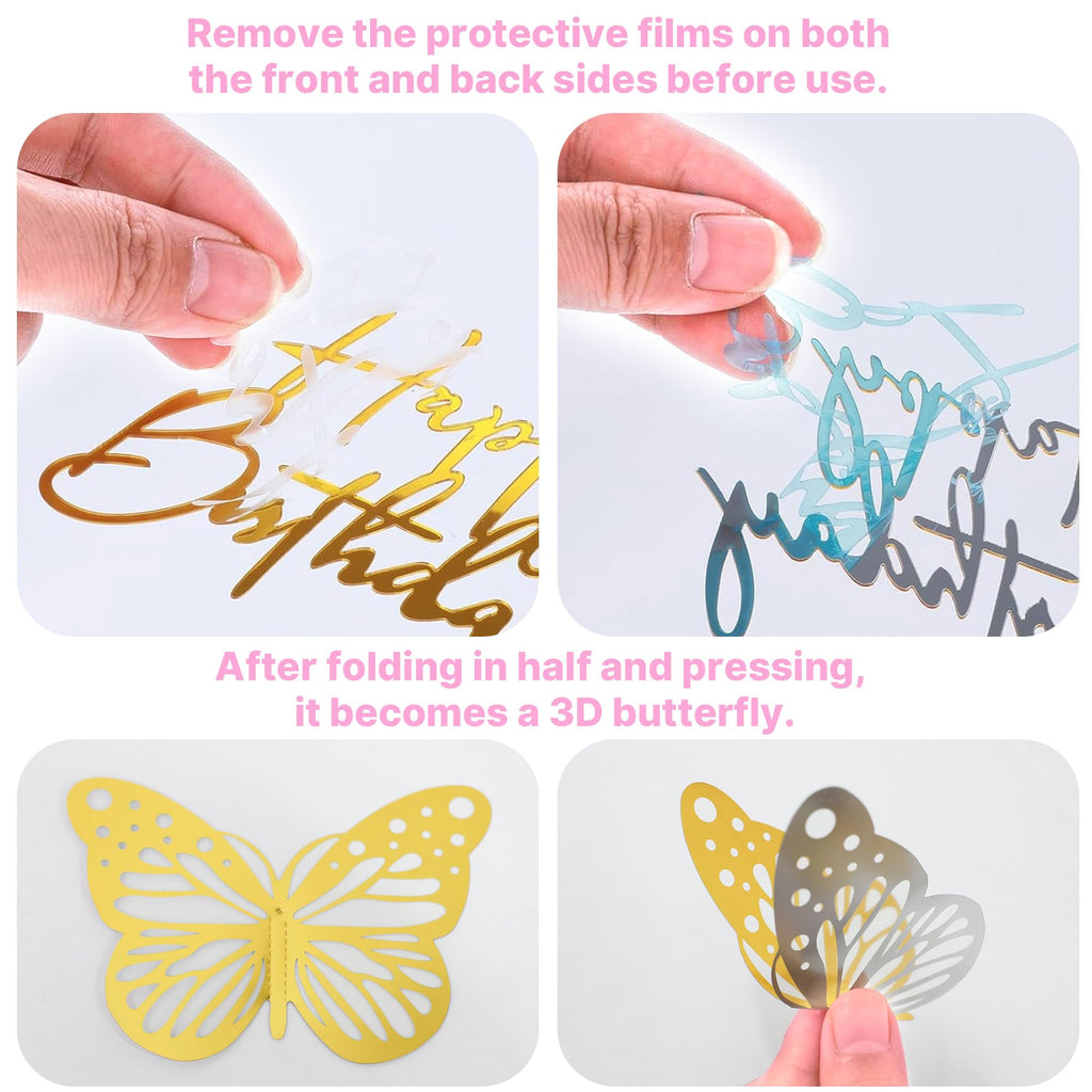 AMZVALU Crown Cake Topper Set – Rose Gold Crown, Gold Butterflies, Candles, and Happy Birthday Topper