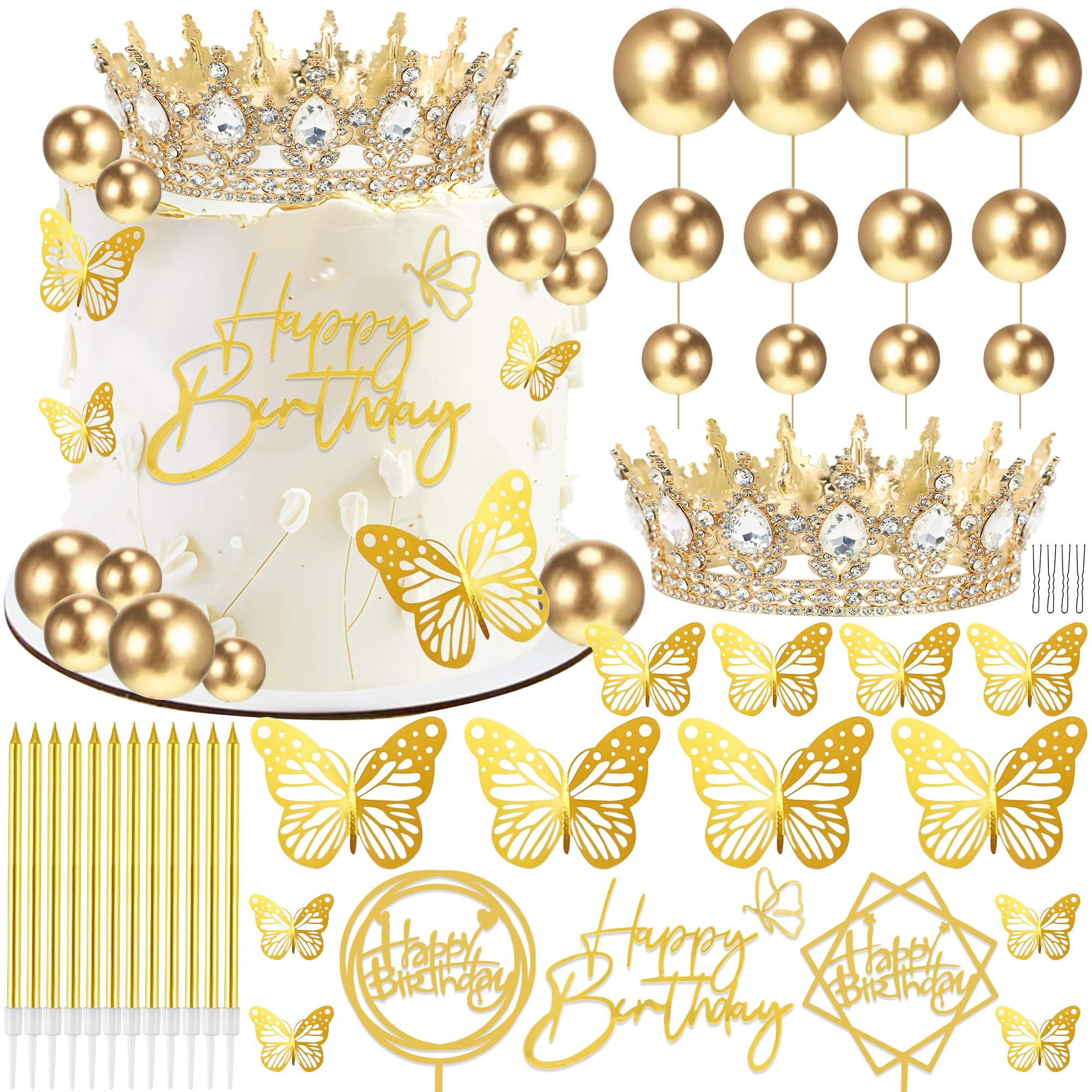 AMZVALU Gold and White Crown Cake Topper Set with Balls, Butterflies, Candles, and Happy Birthday Decorations for Women's Queen or Princess Birthday Parties