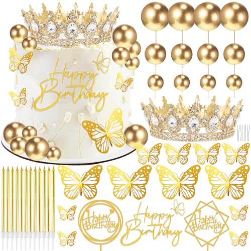 AMZVALU Gold and White Crown Cake Topper Set with Balls, Butterflies, Candles, and Happy Birthday Decorations for Women's Queen or Princess Birthday Parties