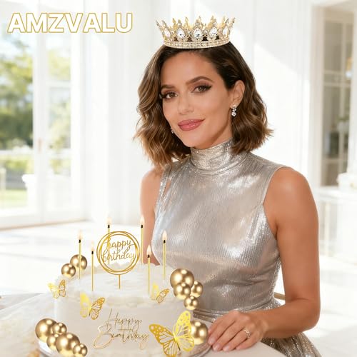 AMZVALU Gold and White Crown Cake Topper Set with Balls, Butterflies, Candles, and Happy Birthday Decorations for Women's Queen or Princess Birthday Parties