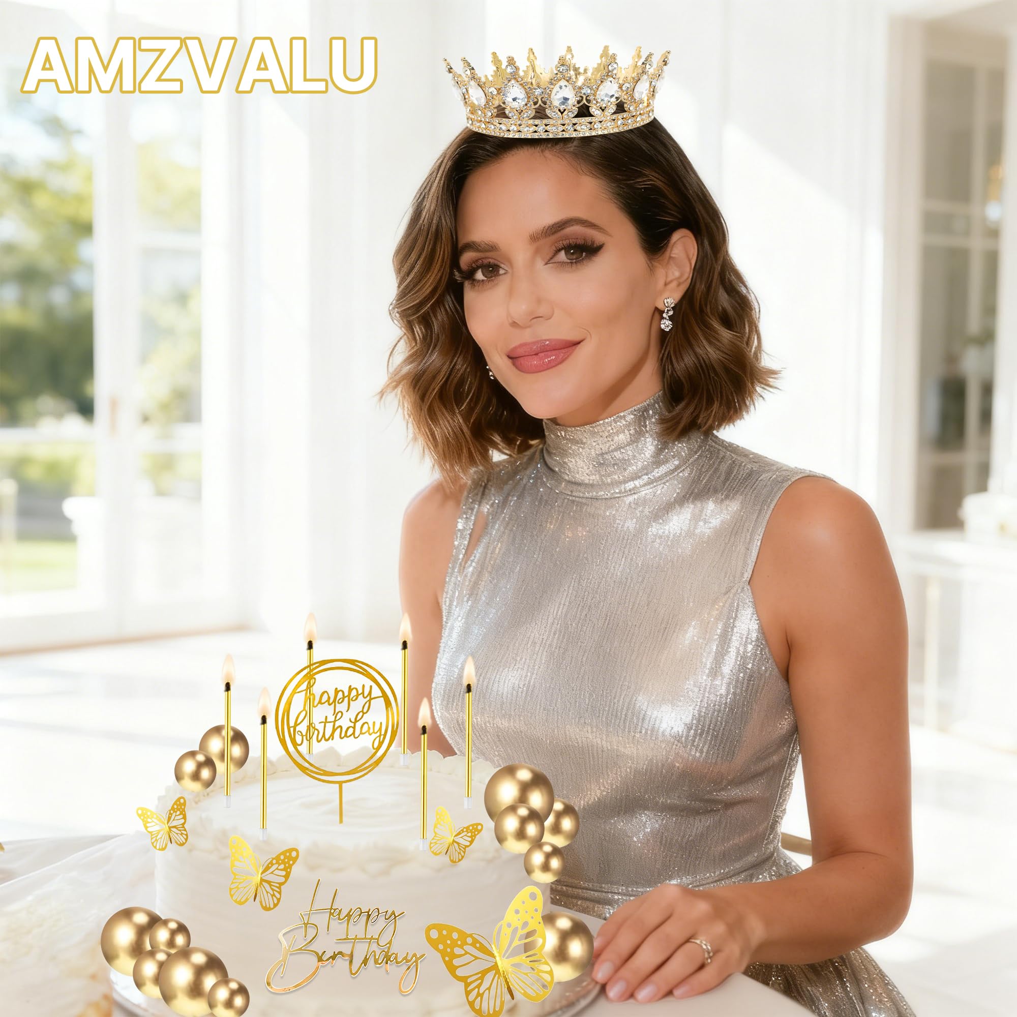 AMZVALU Gold and White Crown Cake Topper Set with Balls, Butterflies, Candles, and Happy Birthday Decorations for Women's Queen or Princess Birthday Parties
